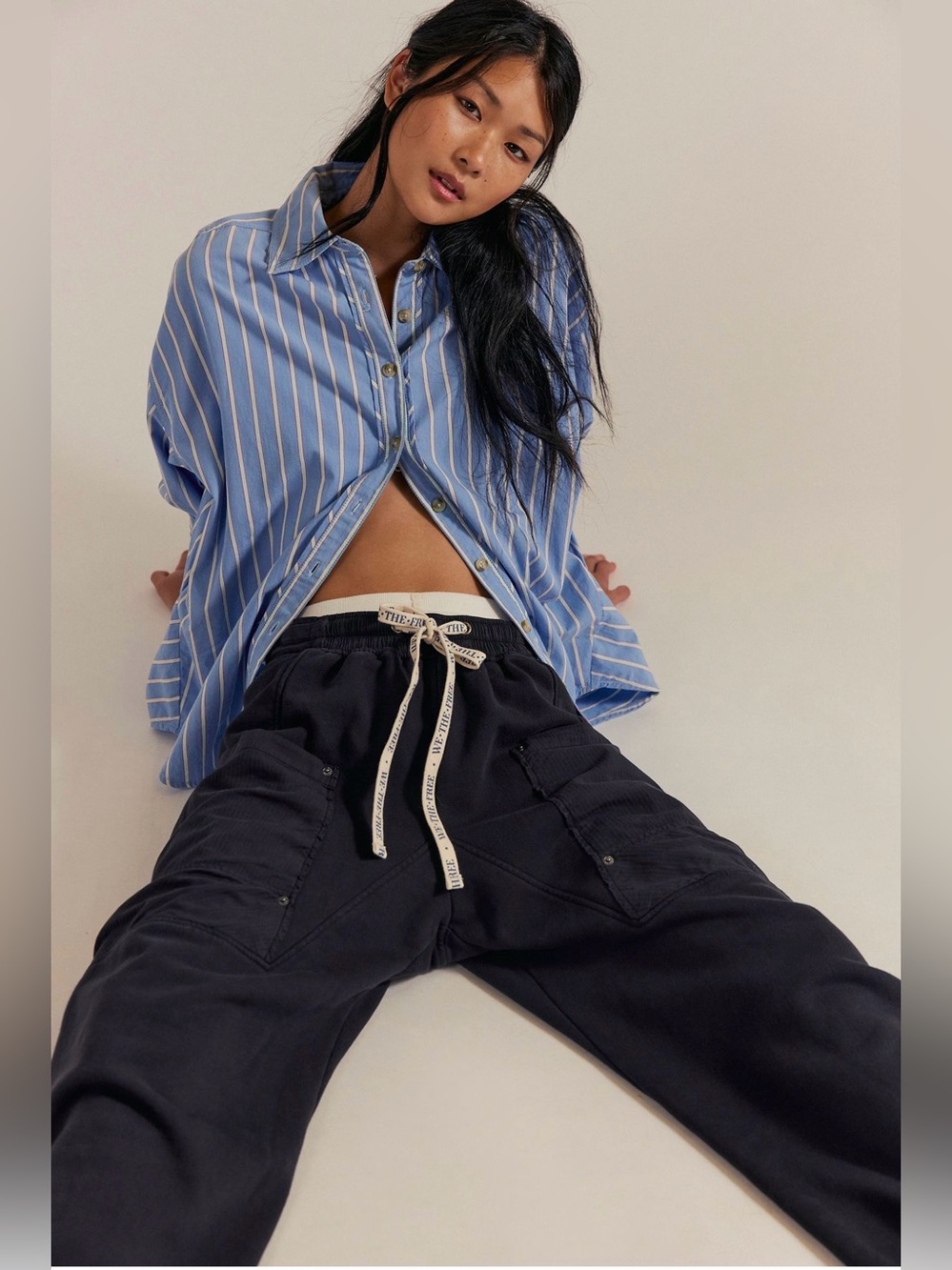 We The Free Jet Set Knit Pull-On Black Drawstring Pants with White Logo Ties - Picture 4 of 13